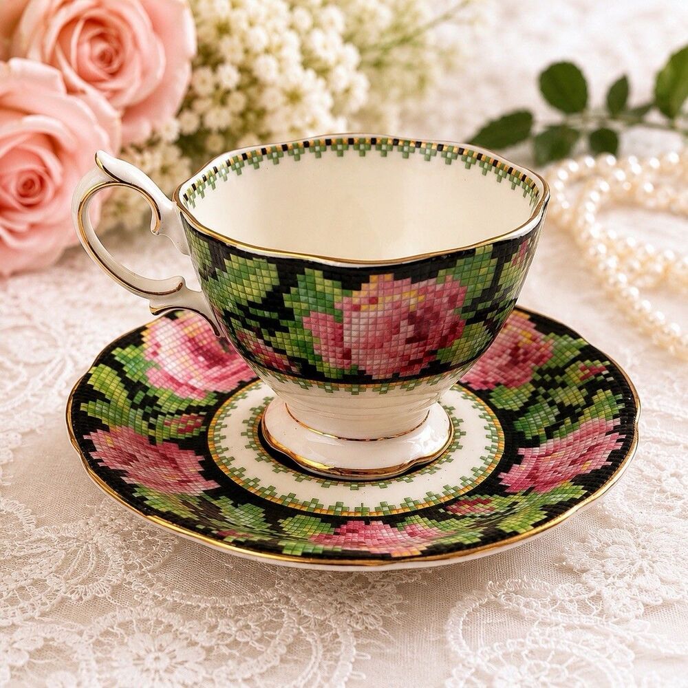 Royal Albert Needlepoint Teacup & Saucer Set Pink Roses Bone China England